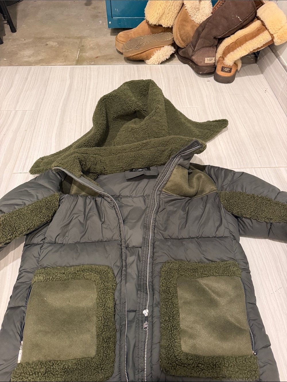 Sam Edelman Womens Olive Hooded Sherpa-Trim Puffer